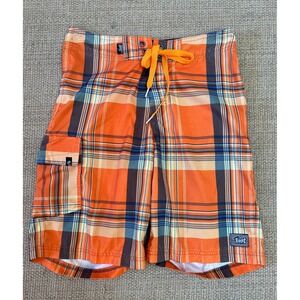 Lost Mayhem Black Sheep Vintage Mens Orange Plaid Board Shorts  Sz 30